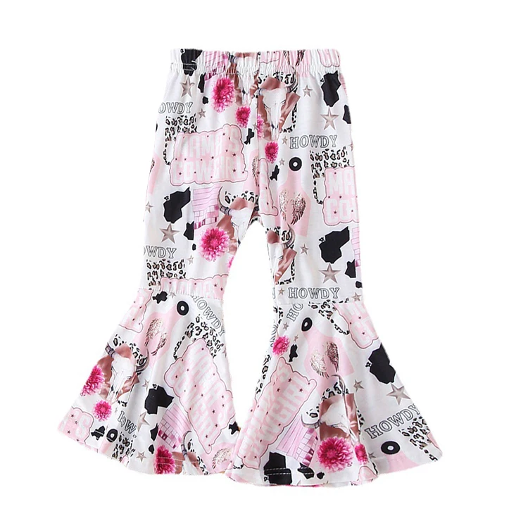 

Hot Selling Children Girl Bell Bottoms Pants Cow Printed High Waist Soft Baby Girl Flared Pants Summer Toddler Kids Trousers, As the picture