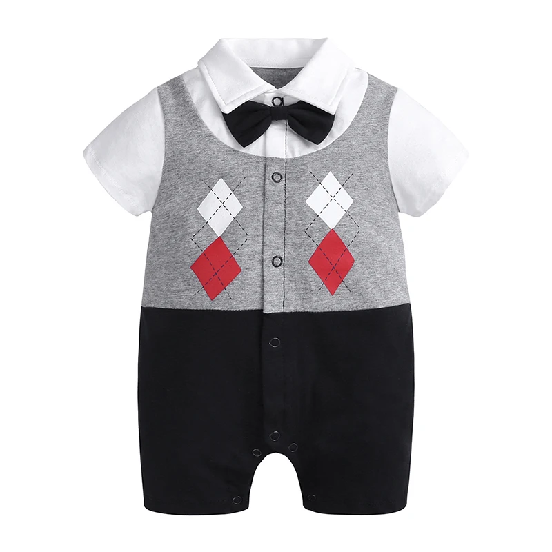 

Hotsales Baby Boys' Short Sleeves Jumpsuit Baby Clothes New born Infant Cotton Fake Two Piece Summer Rompers With Bow Tie, Picture shows