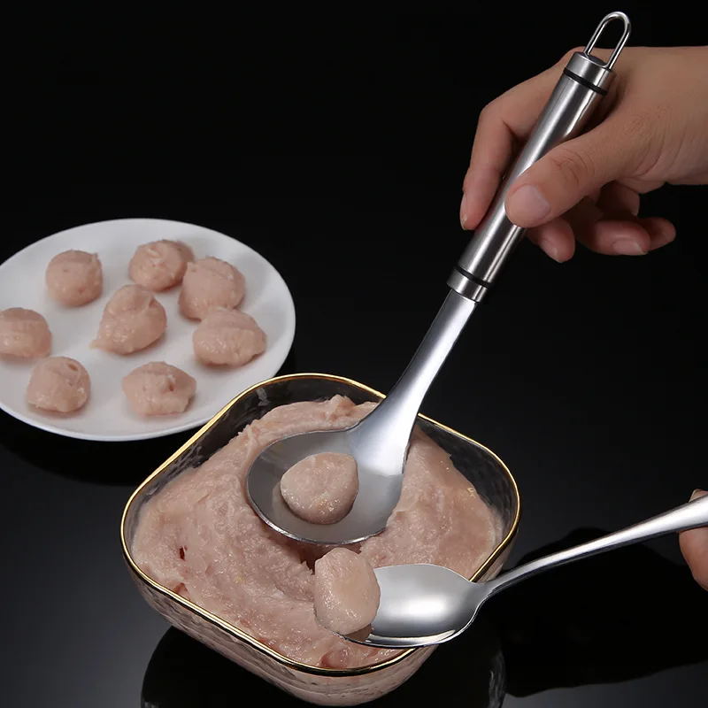 

Practical Stainless Steel Kitchen Non-Stick Creative Multipurpose Meatball Maker Mold Hanging Hole Design Spoon Gadget Tool, Silver