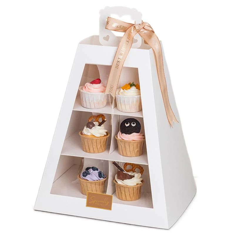 

Afternoon Tea Clear Window White Cardboard 3 4 Tier Cake Box Cardboard Party Cake Tower Stand Box With Handle