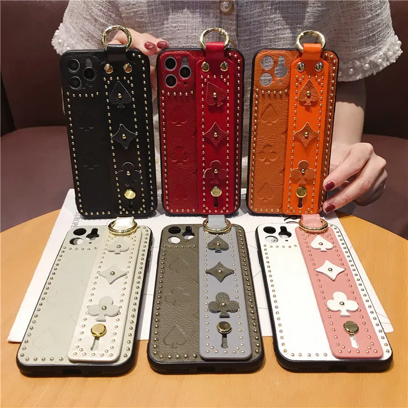 

Fashion Rivet Luxury Wrist Strap Phone Case for iPhone 6-12 Pro Max, For Genuine Leather iPhone Case, Various