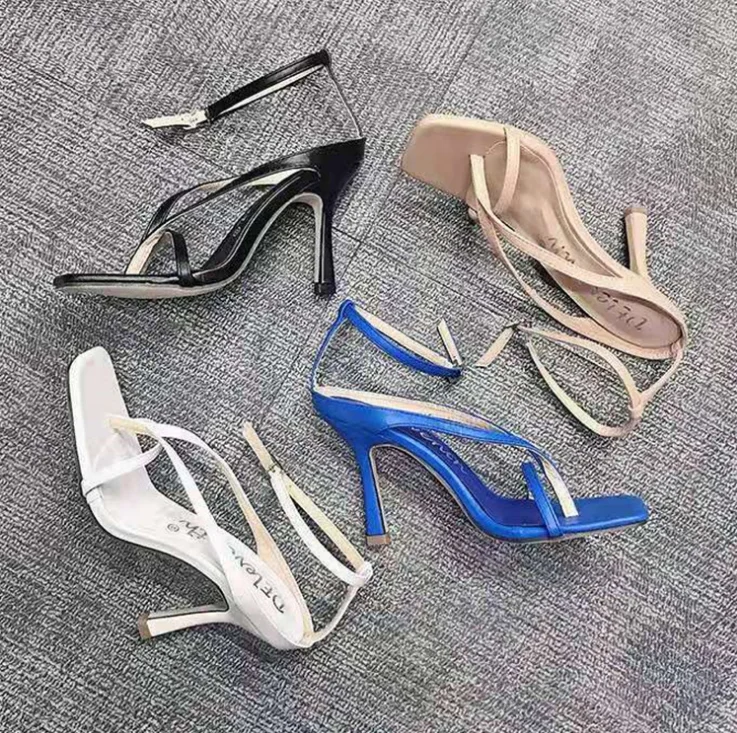 

Large size new style square toe stiletto high heel flip flops one word buckle female sandals 004, Black white blue beige