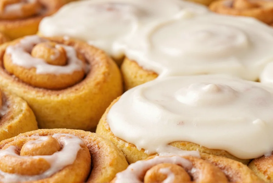 Close-up of creamy white cream cheese icing being spread over golden brown cinnamon rolls with visible swirls