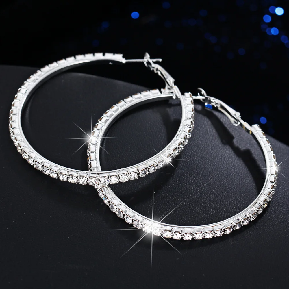 

Multi-size Fashion Silver Plated Oversized Full Crystal Rhinestone Circle Round Ear Buckle Hoop Earrings For Women jewelry