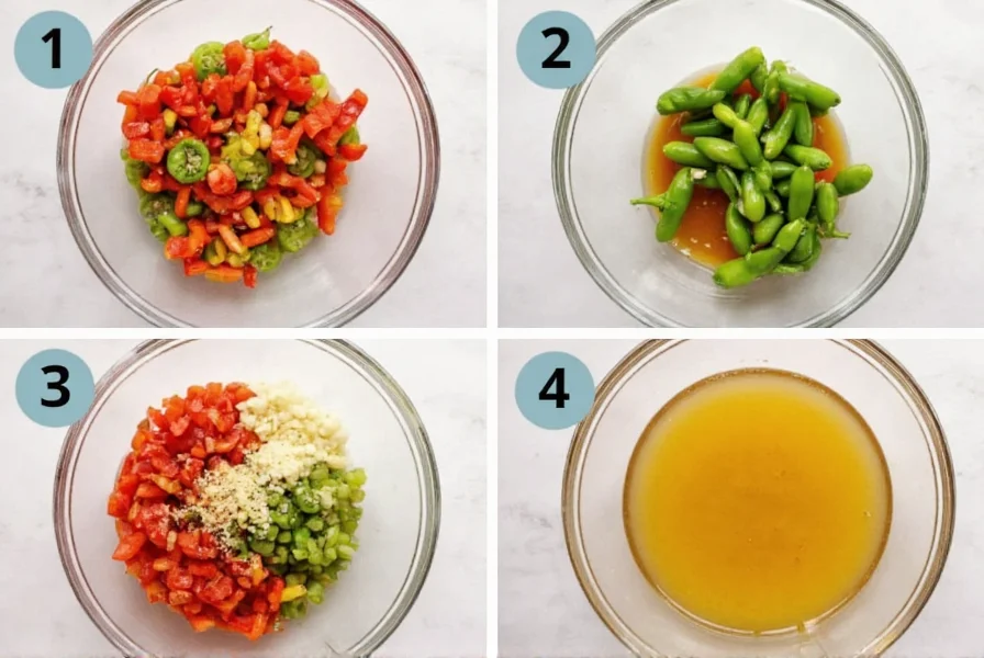 Vorbereitung von Peperoni, Knoblauch und Essig in Glas Schüssel