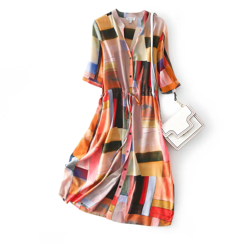 

Wholesale Fashion A-Line Short Sleeve Geometry Printed Women Silk Dress in Summer
