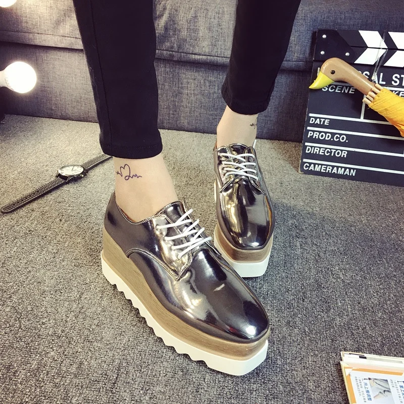 

2022 New Muffin Women's Round Toe Lace Up Increase Thick Bottom Wedge Shoes Stylish British Style Casual Women's Shoes, Black/white/apricot/gold