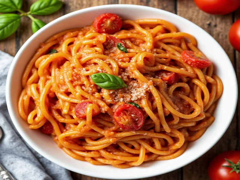 Freshly cooked homemade pasta with vibrant tomato sauce