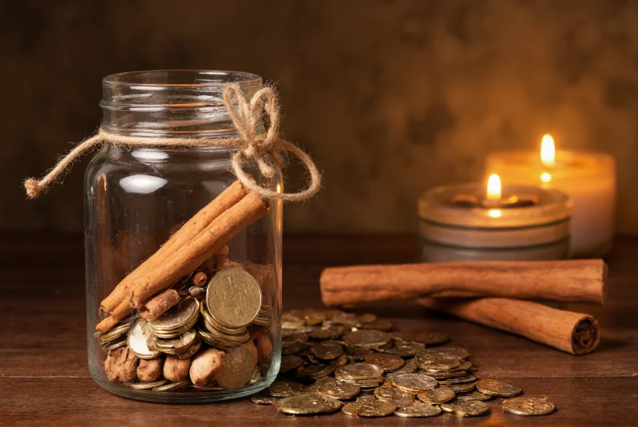Glass jar filled with cinnamon sticks and coins for prosperity spell, natural lighting