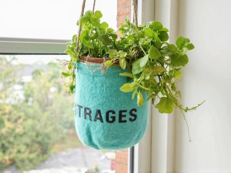 Upcycled t-shirt plant hanger with hanging herbs