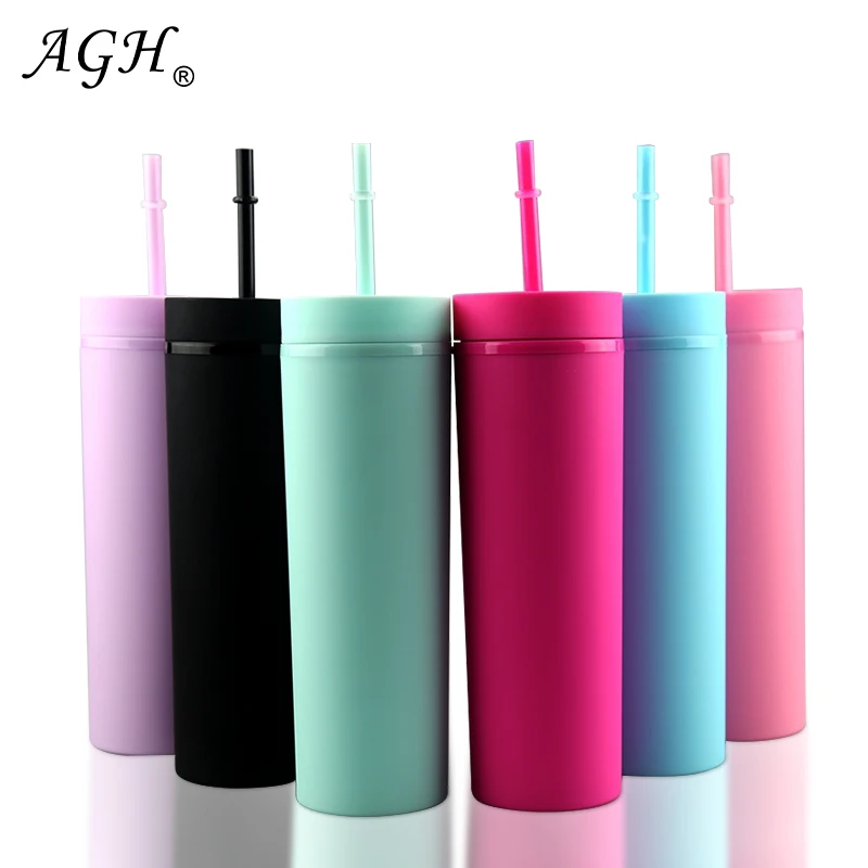 

Wholesale 16oz double wall insulated reusable matte plastic water bottle acrylic skinny tumbler with lid straw BPA free in bulk