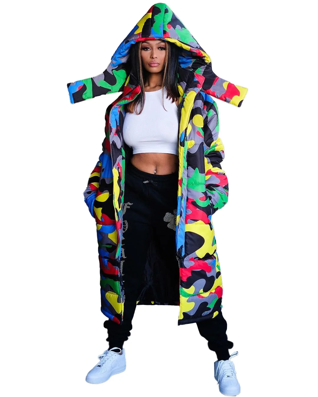 

Trendy Women Clothing Hotsale Button Hooded Straight Loose Camouflage unisex Coats Winter Long Women'S Down Coat, As pics