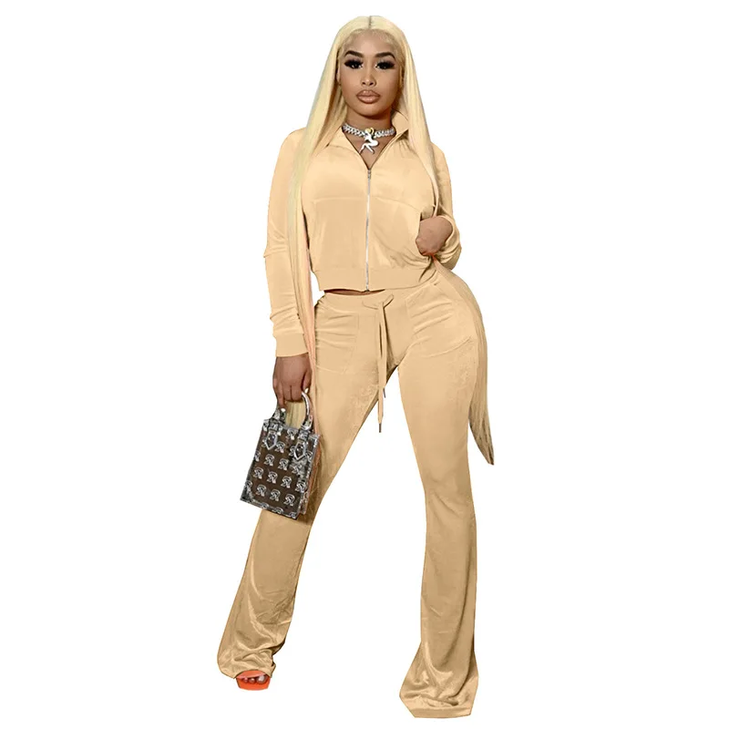 

tracksuits for sale 2021 fashion Korean velvet suit solid color long-sleeved flared pants sports two-piece suit women