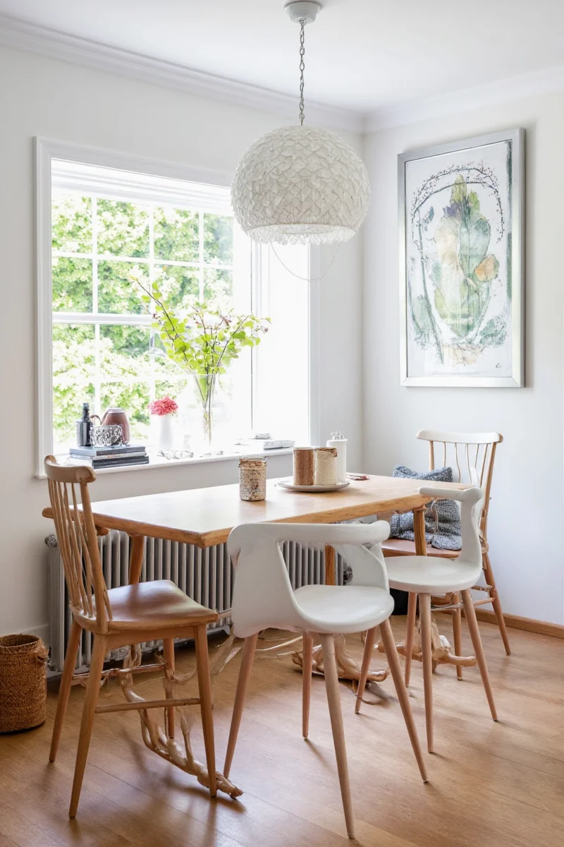 Sturdy dining table with kids’ chairs and a bench