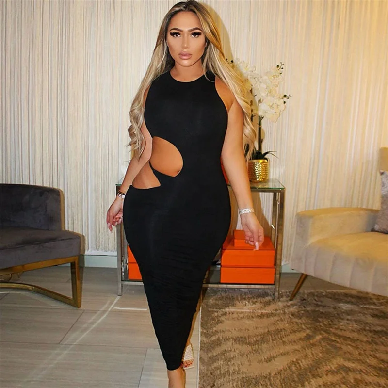 

Women Sexy Round Collar Bodycon Long Dress Hollow Out Club Party Soild Maxi Dresses