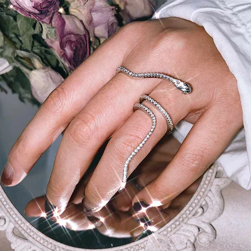 

Punk 2021 Snake Shape Rings Silver Color Adjustable Crystal Cubic Zirconia Rings Party Bijoux Personality Jewelry for Women