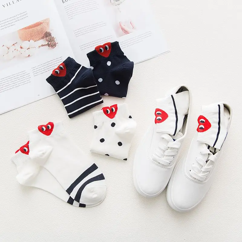 Spring Summer Womens Heart Eyes Stripe Dot Ankle Socks Korean Cute Cotton Sport Sock