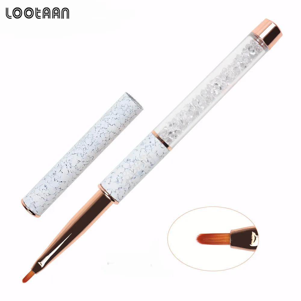 

LOOTAAN Customized Logo Rose Gold Metal Handle Clear Acrylic Rhinestone Diamond Handle Nylon Hair Nail Gel Brush, White