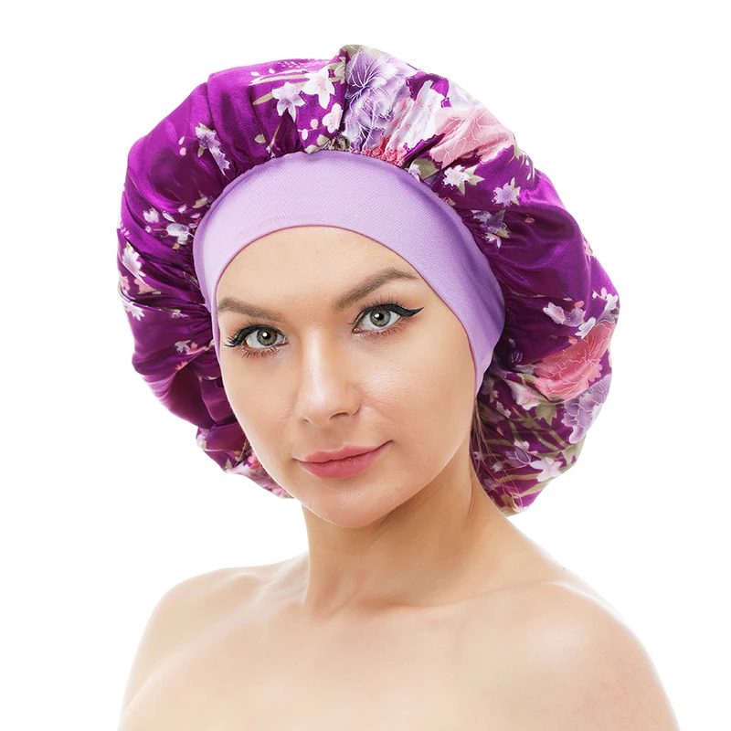 

Hot sale large size wide band floral print turban hat satin hair designer bonnet silky sleep cap women