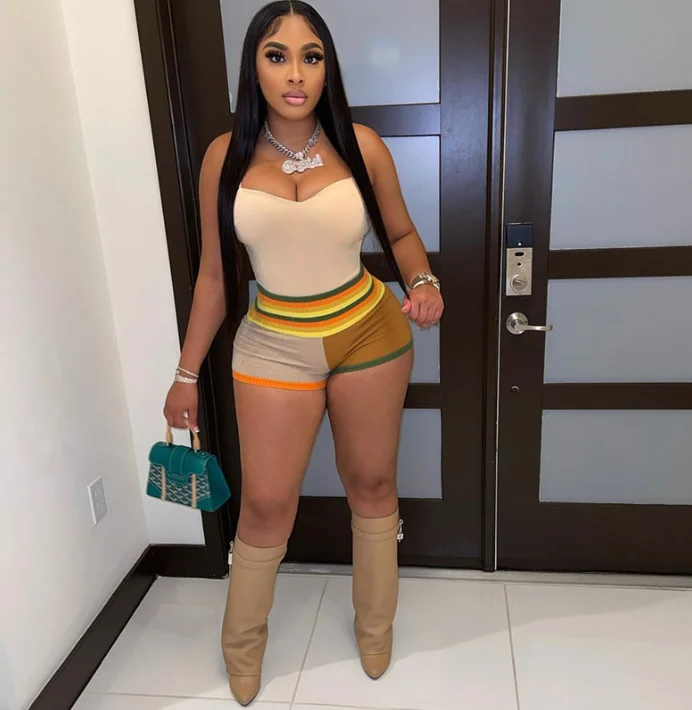 

2022 new fashion patchwork shorts women summer street wear high wait printing striped stretch knitted shorts tights casual