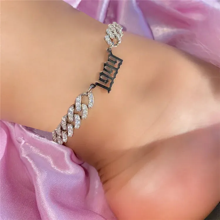 

1980-2021 Rhinestone Year Number Anklet Fashion Hot Sale Diamond Anklet Cuban Anklet, As picture