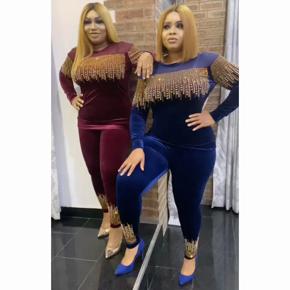 

African plus size lady sports velvet pants set women casual pants suit, As showed