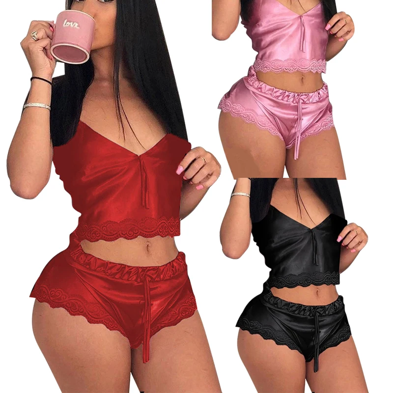 

Hot sale ladies plain sleeveless two piece sexy woman lace pajamas set hong, Photo color