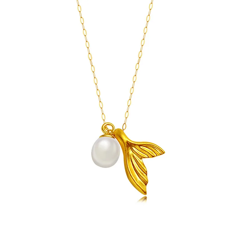 

Certified 999 Pure Gold Necklace Pearl Mermaid Tail 3D Hard Gold Pendant Female Gold Choker Birthday Gift For Girlfriend
