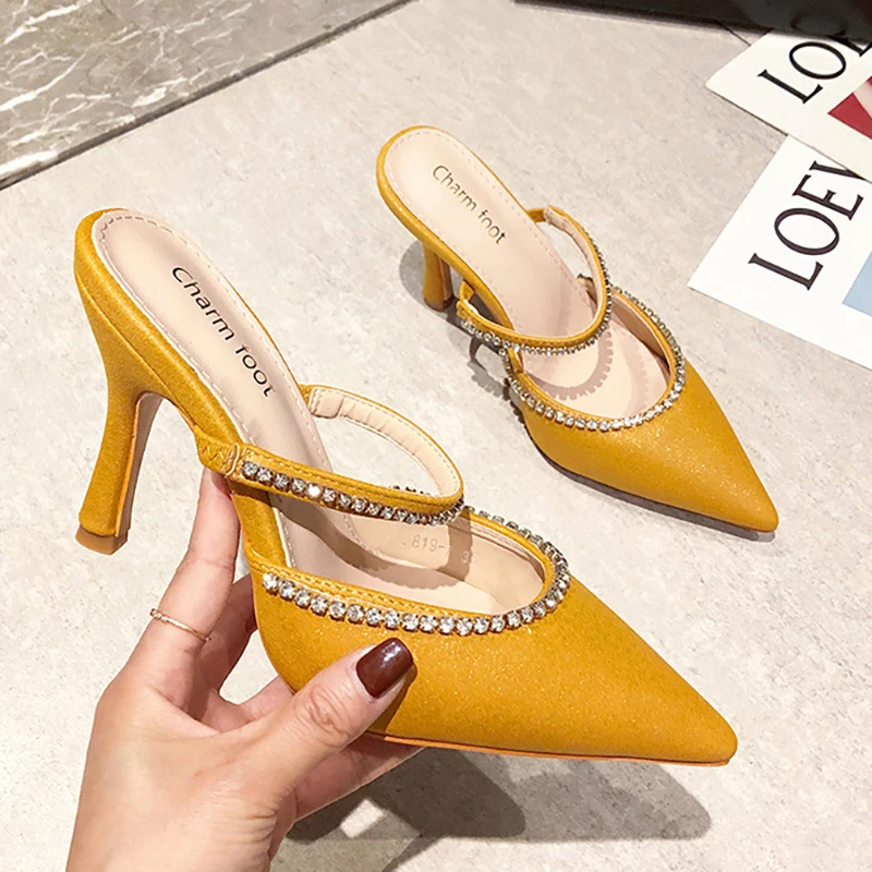

GX118 Ladies Elegant Pointed Rhinestone Decorated Heels Slip On Slippers Wedge Heels, As picture or custom