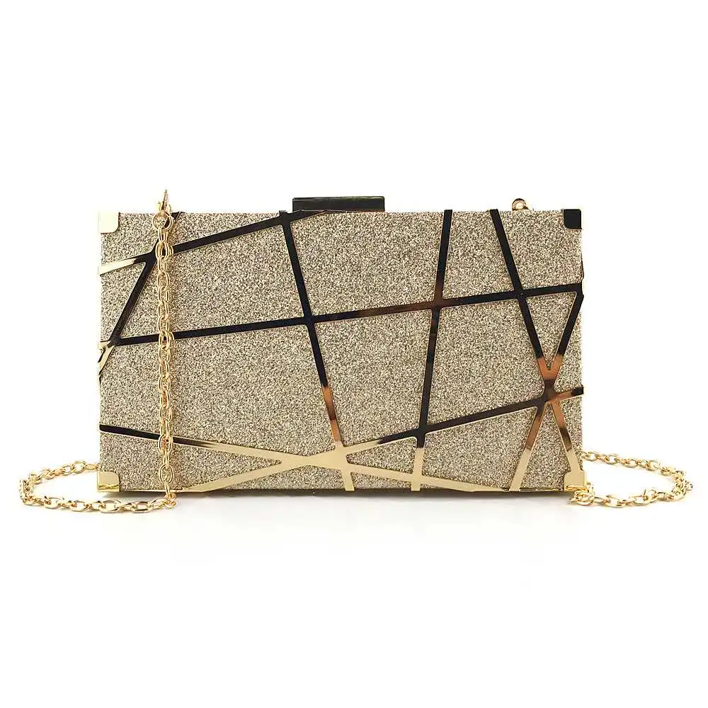 

Gold pu leather evening clutch bag metal hollow out Purse wedding party handbag, White pale yellow and custom