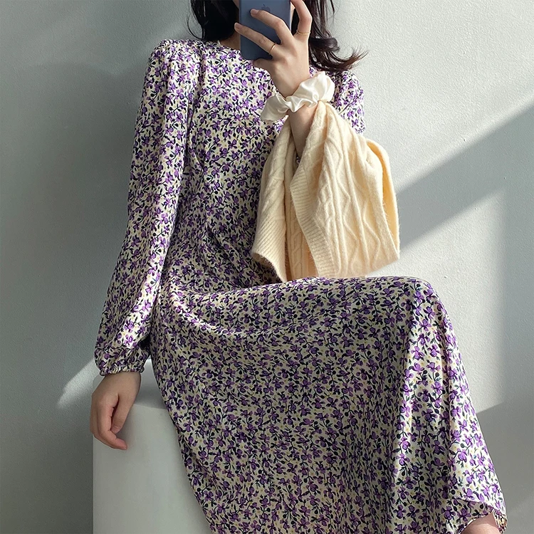 

2021 Fashion Maxi Long Dresses Women Lady Elegant Long Sleeve Chiffon Casual Floral Long Dresses, Picture color