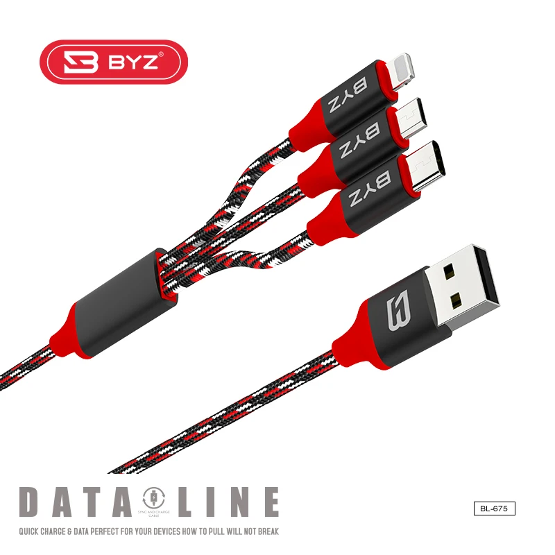 The best quality BYZ high speed nylon braid data cable 3 in 1 multiple function USB cable support for type-c iphone micro cable - ANKUX.COM