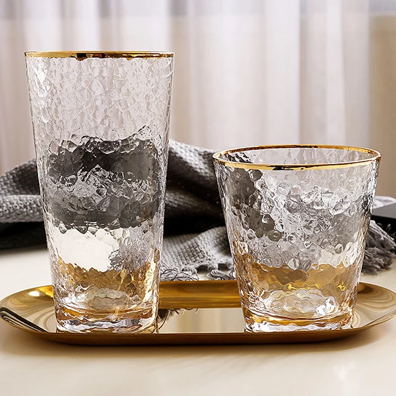 

Japanese Style Transparent Crystal Glass with Gold Rim Water Cup Drinkware for Lemonnade Green Tea Milk Beer Beverage Juice Cup, Clear,champagne,grey,rainbow,clear and gold rim