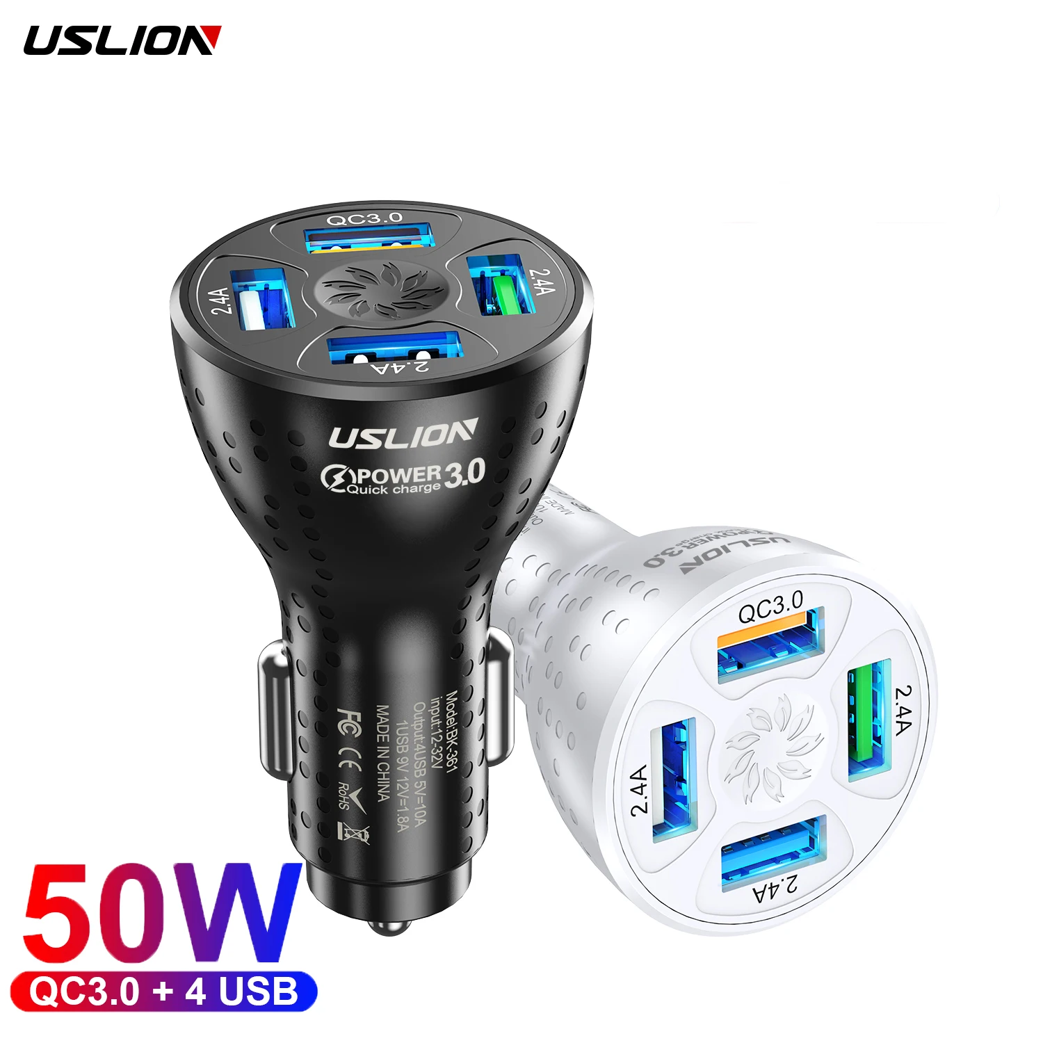 

USLION Quick Delivery Amazon Best Seller 2021 New Car Mobile Accessories 5V 10A 4 USB QC3.0 Fast Car Charger Mobile Phone, Black,white