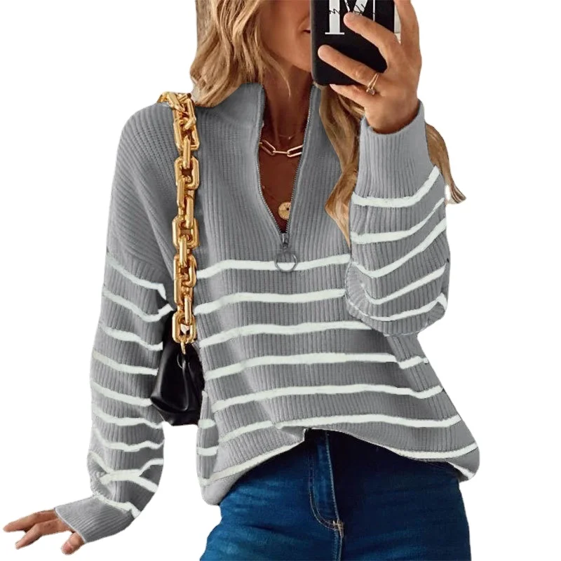 

2022 autumn winter new striped color matching bottomed top round neck loose zipper open chest Pullover Sweater knitted women