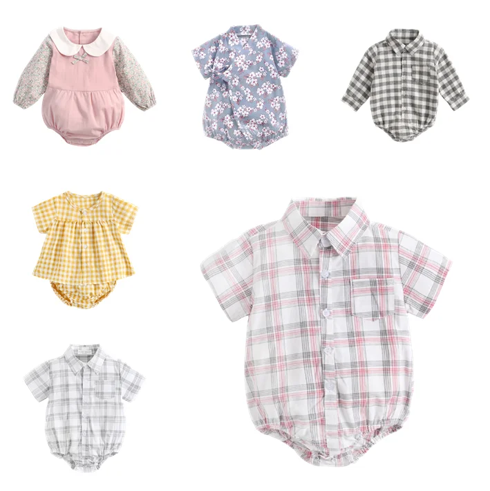 

2020 Summer short long sleeve plaid turn down collar flower cartoon button suspender romper cute baby clothes for hot style, As pic shows, we can according to your request also