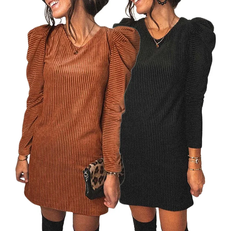 

2021 Wholesale Puffy Dress Mini Solid Color Ribbed Knit Fabric Long Puff Sleeve Dress, Customized
