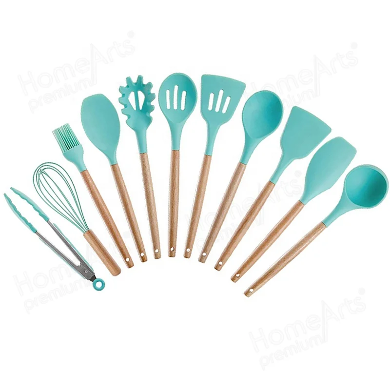 

Kitchen Silicone Spatula Hot sell Premium 12pcs heat resistant silicone kitchen cooking utensils set with wooden handle, Black, pink, red, purple, gray, light green, green, customized color