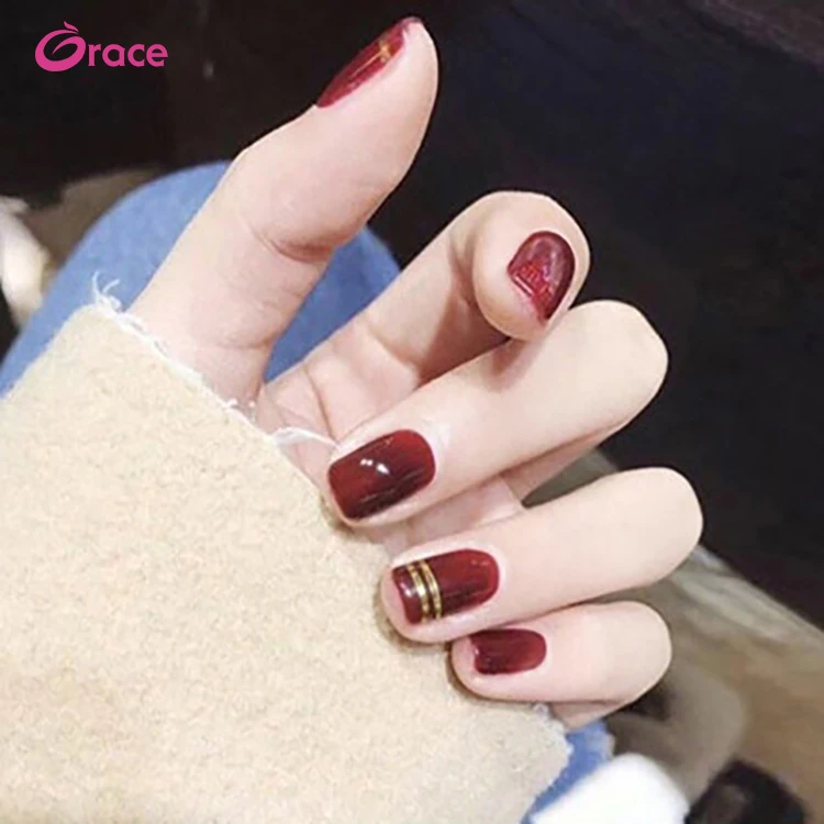 

P142 full cover fake nails press on back glue pre design artifical fingernails tips wholesale custom claret with golden line, Natural white clear