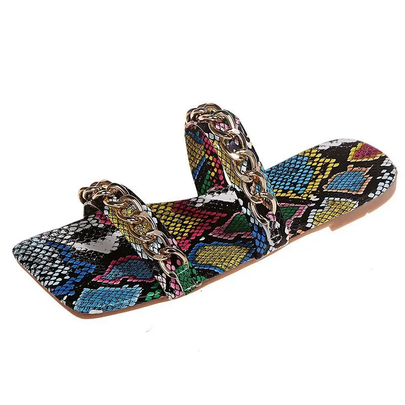 

ladies sandals 2021 fashion metal chain decorative design sandals Snake Print flat bottomed women's slippers