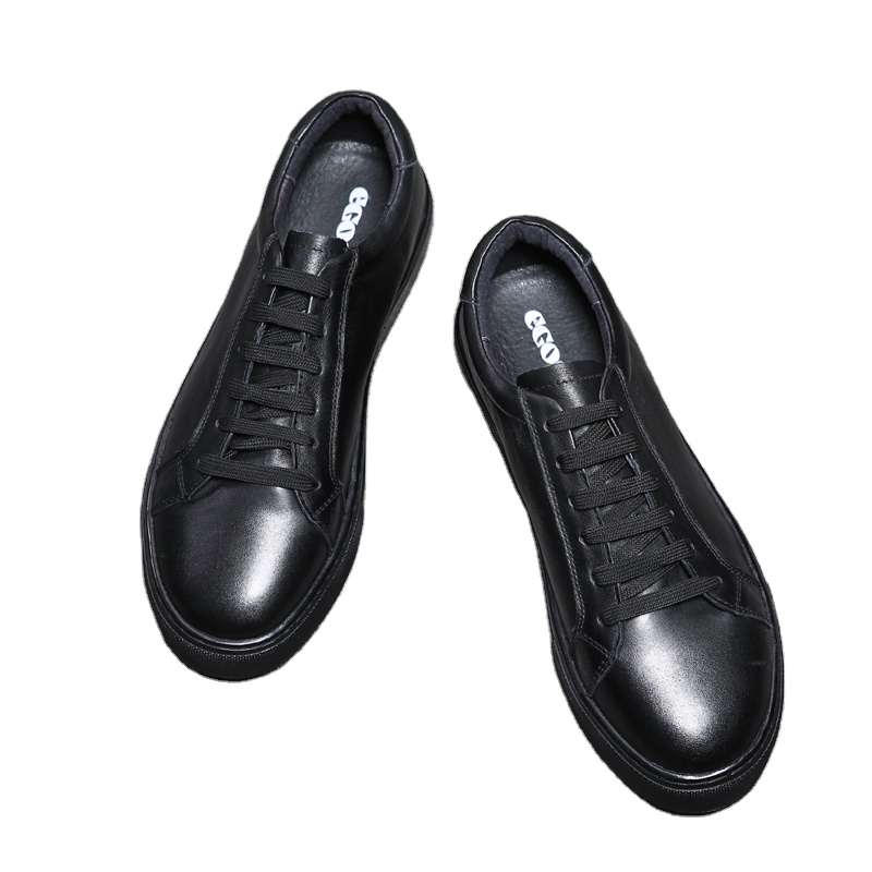 

Genuine Leather Flat Soft Breathable Men Sneakers Black Lace Up Women Shoes