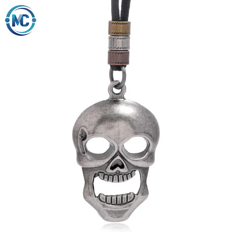 

2021 Personality Men Punk Skull Pendant Necklace Black Adjustable Cowhide Rope Necklace, Like picture