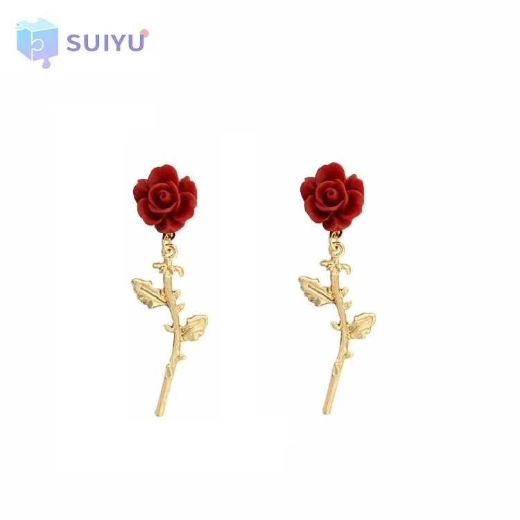 

Romantic Spring New 2021 Desert Rose Fashion Statement Earrings Holiday Mood Elegant 3D Rose Flower Earrings for Female, Red, purple