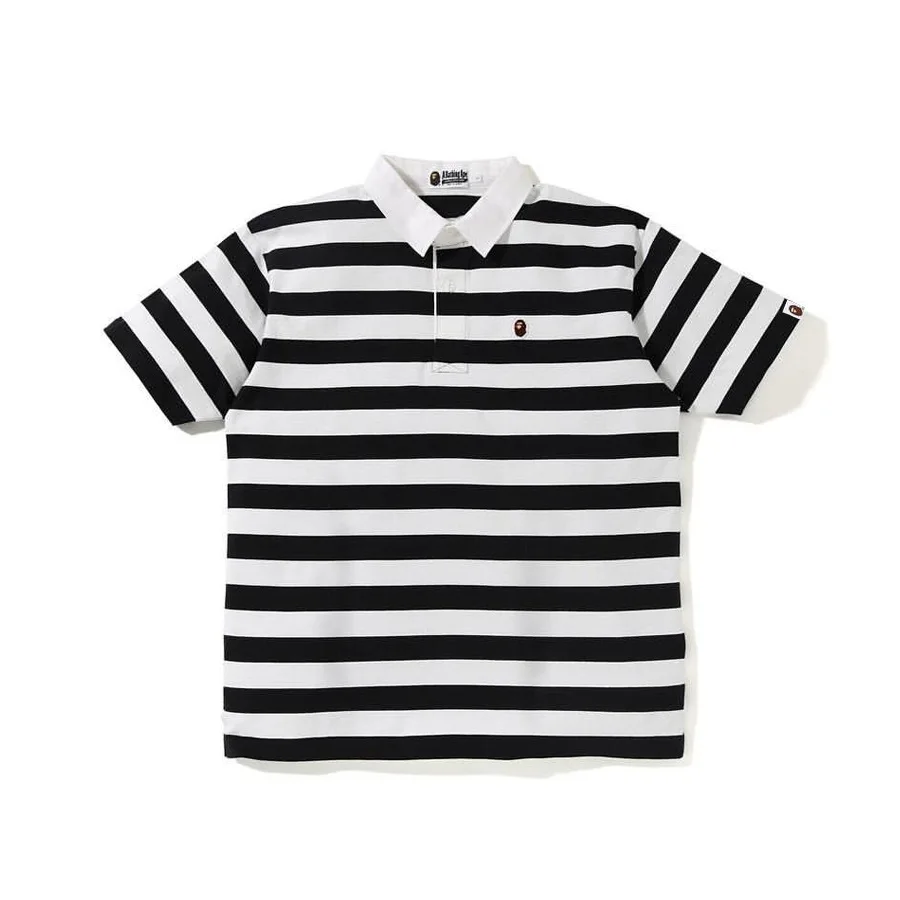 

2021 new summer bape new black and white striped short-sleeved male and female ape head casual POLO shirt, White black