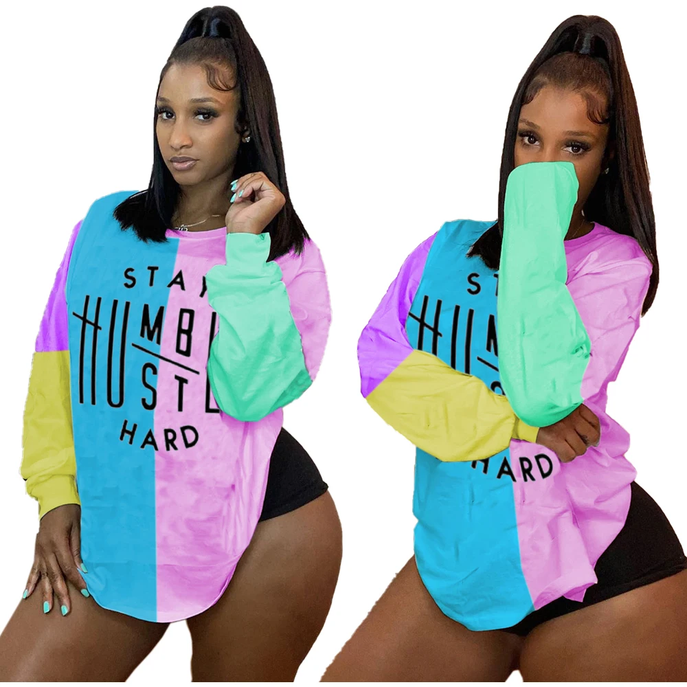 

CY8578 fashion women t shirt splice contrast letter printed loose long sleeve women t shirt