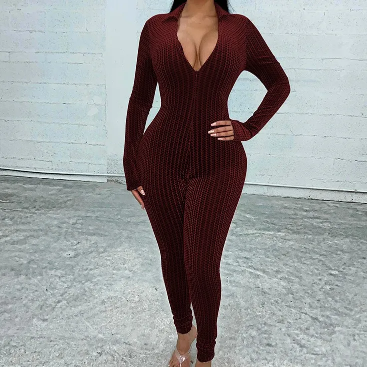 

A00699D Bulk Stock Solid Color Deep V Zipper Jumpsuit Hot Style Casual Suit