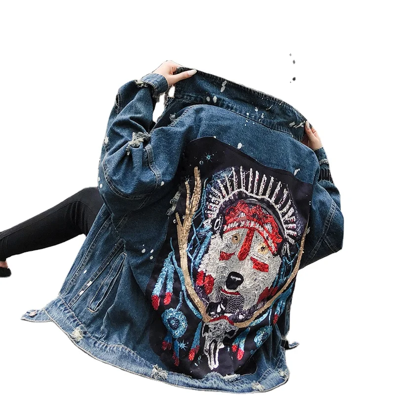 

Wholesale Heavy Winter Jacket Vintage Autumn Sequin Women Woman Design Jeans Jean Jackets For Ladies Demin Denim Women's