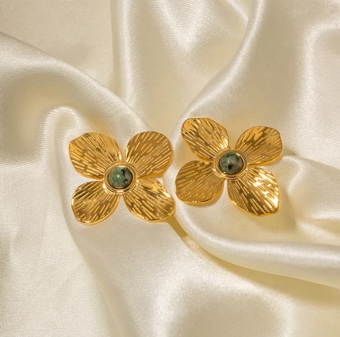 

Vintage French Style Chunky Flower Hoops Jewelry 18K Gold Statement Bold Large Petal Flower Turquoise Stud Earrings