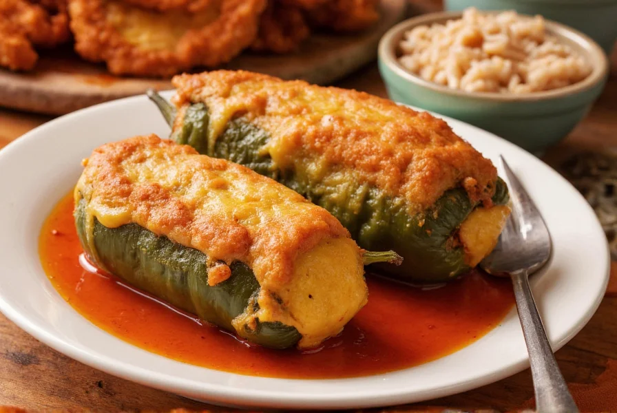 Traditional Mexican chili relleno showing roasted poblano pepper stuffed with melted cheese, lightly battered and golden brown from frying, served with tomato sauce and rice