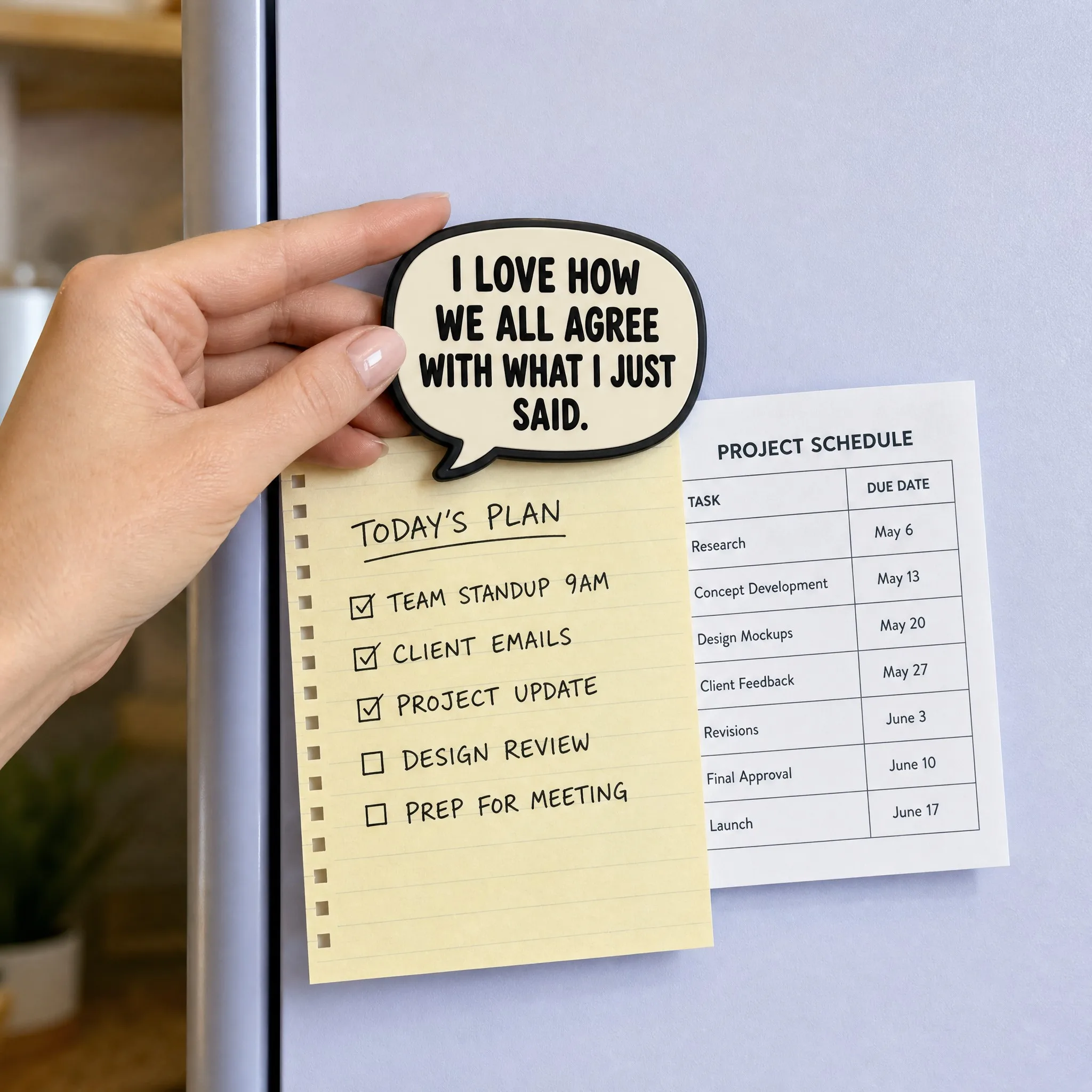 Office Humor Magnet Holding Today's Plan Checklist and Project Schedule on Office Board